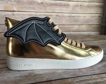 Faux leather Bat wing  inspired shoe wings great for Comic con, Black and gray stitching on black bat wings
