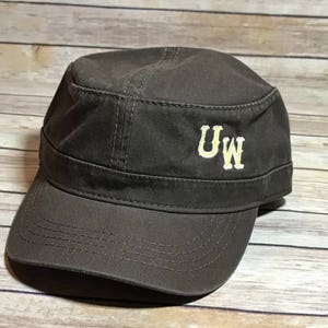military style hat, University of Wyoming hat, UW hat, girl&#39;s style hat, embroidered UW hat, brown hat