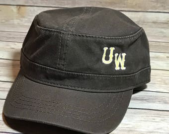 military style hat, University of Wyoming hat, UW hat, girl's style hat, embroidered UW hat, brown hat