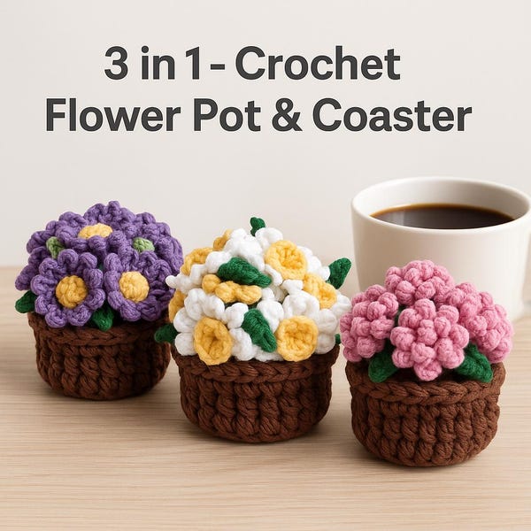 Set di sottobicchieri a forma di vaso di fiori all'uncinetto fatti a mano - Decorazione floreale colorata