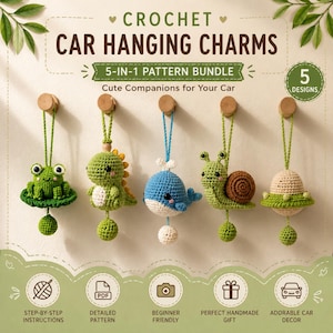 May include: Five crochet car hanging charms featuring a green frog on a lily pad, a green dinosaur, a blue whale, a green snail, and a beige UFO. The text reads CROCHET CAR HANGING CHARMS 5-IN-1 PATTERN BUNDLE. Each charm hangs from a wooden hook.