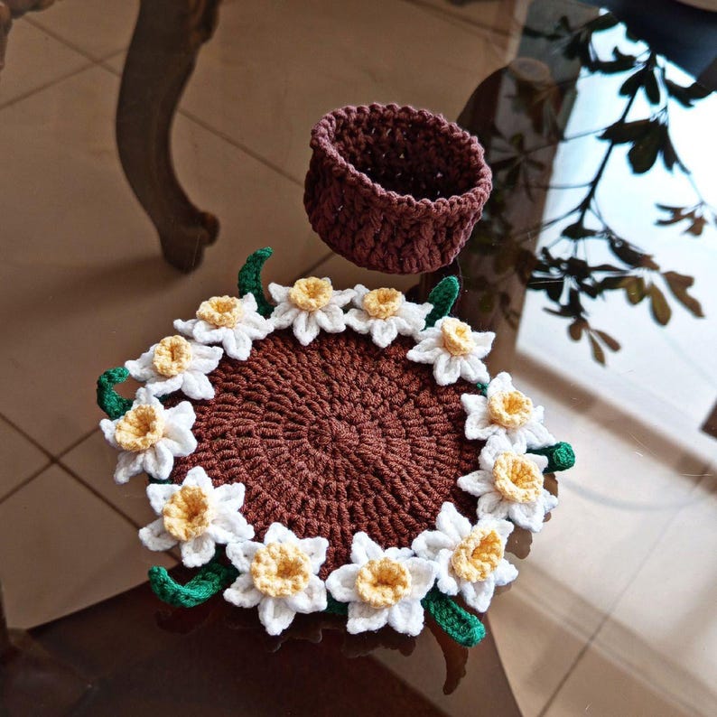 3 in 1 Crochet Flower Pot & Coaster Set – Handmade Colorful Floral Decor, Unique Gift, Cute Home Decoration image 6