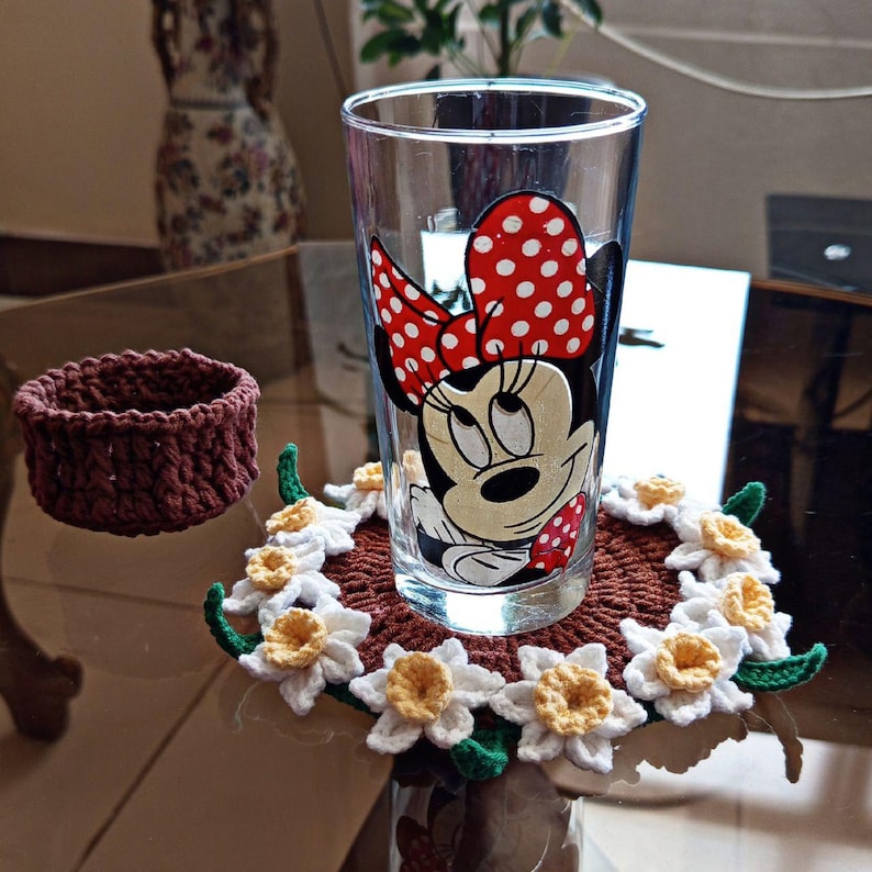 3 in 1 Crochet Flower Pot & Coaster Set – Handmade Colorful Floral Decor, Unique Gift, Cute Home Decoration image 5