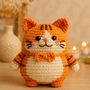 May include: A handmade orange and white crochet cat with a bow tie. The cat has black eyes, pink cheeks, and striped markings. The crochet cat is a cute, whimsical, and cuddly toy.
