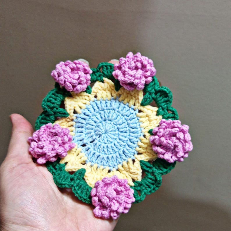 3 in 1 Crochet Flower Pot & Coaster Set – Handmade Colorful Floral Decor, Unique Gift, Cute Home Decoration image 3