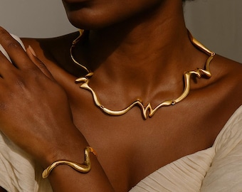 Adjustable Irregular Metal Bracelet | Modern Minimalist Jewelry Set | Stylish Bracelet & Necklace for Women