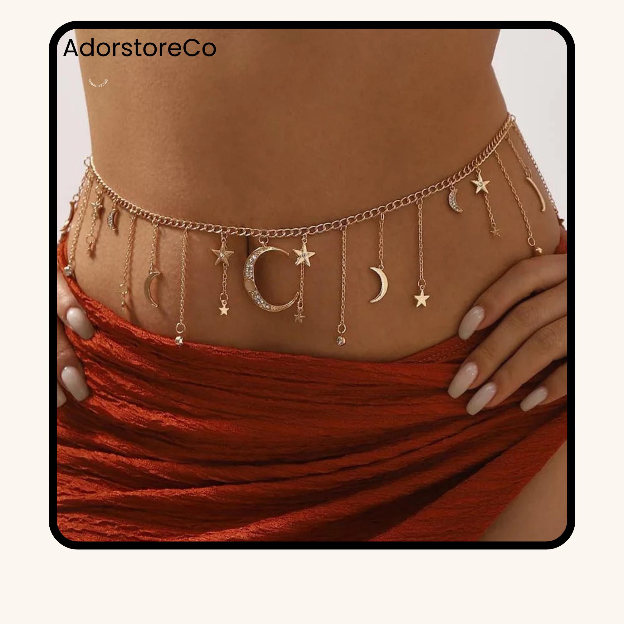 ✨ Celestial Moon & Star Gold Waist Chain / Body Chain ✨ Sacina Silver-tone Moon Star Belt, Waist Chain Belt for  main image 3