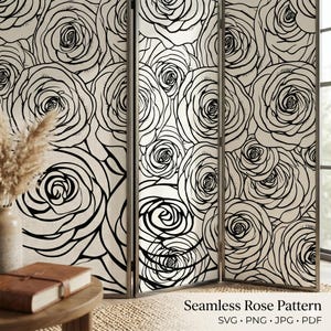 May include: A three-panel room divider featuring a seamless rose pattern in black and off-white. The design showcases large, stylized rose blooms. The text "Seamless Rose Pattern" is visible at the bottom, along with file type information.