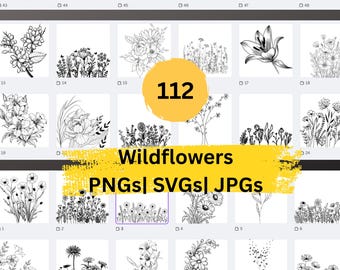 May include: A digital collection of 112 black and white line art illustrations featuring various wildflowers, bouquets, and floral arrangements in PNG, SVG, and JPG formats, with the text 112 Wildflowers PNGs| SVGs| JPGs.