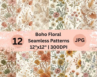Lot de motifs floraux bohèmes sans couture – papier numérique fleurs vintage (12 JPG)