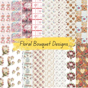 Peut inclure: Une collection de motifs de bouquets floraux avec divers motifs et styles. Les motifs comprennent des bouquets, des c&oelig;urs et du texte disant "Mother's Day" et "I love you Mom". La palette de couleurs comprend du rose, du blanc et des motifs floraux.