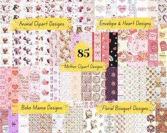 Lot de papiers numériques sans couture pour la fête des Mères - Fleurs, animaux, motifs bohèmes maman (85 JPG)