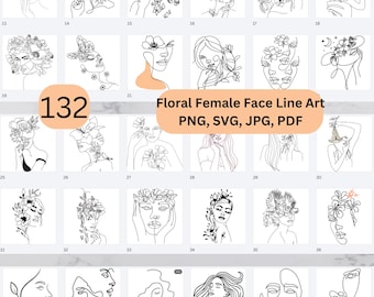 Paquete de 132 SVG de arte lineal con rostro de mujer floral / Flores PNG JPG PDf / Ramo de flores minimalista / Svg botánico / Svg de flores de primavera