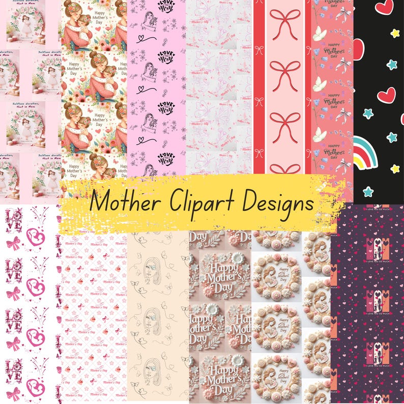 Peut inclure: Une collection de motifs de cliparts sur le th&egrave;me de la f&ecirc;te des m&egrave;res. Les motifs comprennent des illustrations de m&egrave;res et d'enfants, des motifs floraux, des n&oelig;uds, des c&oelig;urs et le texte "Happy Mother's Day". Le texte "Mother Clipart Designs" est &eacute;galement pr&eacute;sent.