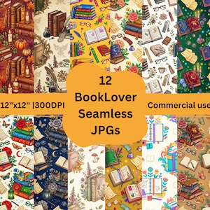 12 Book Lover Seamless JPGs, Cozy Bookish Floral Patterns (Commercial Use)