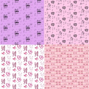 Peut inclure: Quatre motifs avec un th&egrave;me de la f&ecirc;te des m&egrave;res. Les motifs comprennent le texte "Best Mom Ever", "Love Mom" et "Mom". D'autres motifs incluent des c&oelig;urs, des n&oelig;uds et des &eacute;l&eacute;ments floraux dans des tons de rose et de violet.