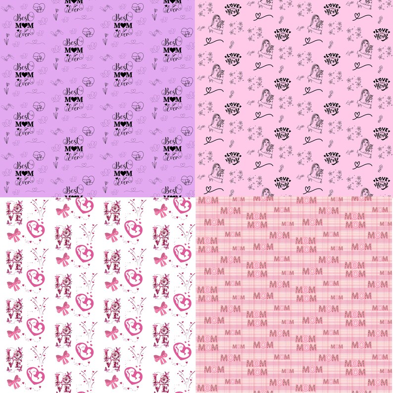 Peut inclure: Quatre motifs avec un th&egrave;me de la f&ecirc;te des m&egrave;res. Les motifs comprennent le texte "Best Mom Ever", "Love Mom" et "Mom". D'autres motifs incluent des c&oelig;urs, des n&oelig;uds et des &eacute;l&eacute;ments floraux dans des tons de rose et de violet.