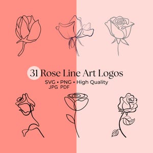 Puede incluir: Seis logotipos de rosas en línea negra sobre un fondo rosa y melocotón. Los logotipos representan rosas en diferentes etapas de floración. El texto dice "31 Rose Line Art Logos" con opciones de tipo de archivo: SVG, PNG, JPG y PDF.