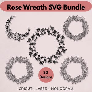 Puede incluir: Una colección de diseños de coronas de rosas negras en varios estilos. La imagen presenta cinco diseños de coronas diferentes, incluyendo arreglos circulares y semicirculares. El texto "Rose Wreath SVG Bundle" está en la parte superior, y "20 Designs" en un círculo rosa.