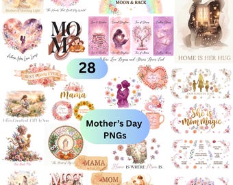 Lot de 28 PNG floraux pour la fête des mères - Motifs aquarelle pour maman (téléchargement numérique)