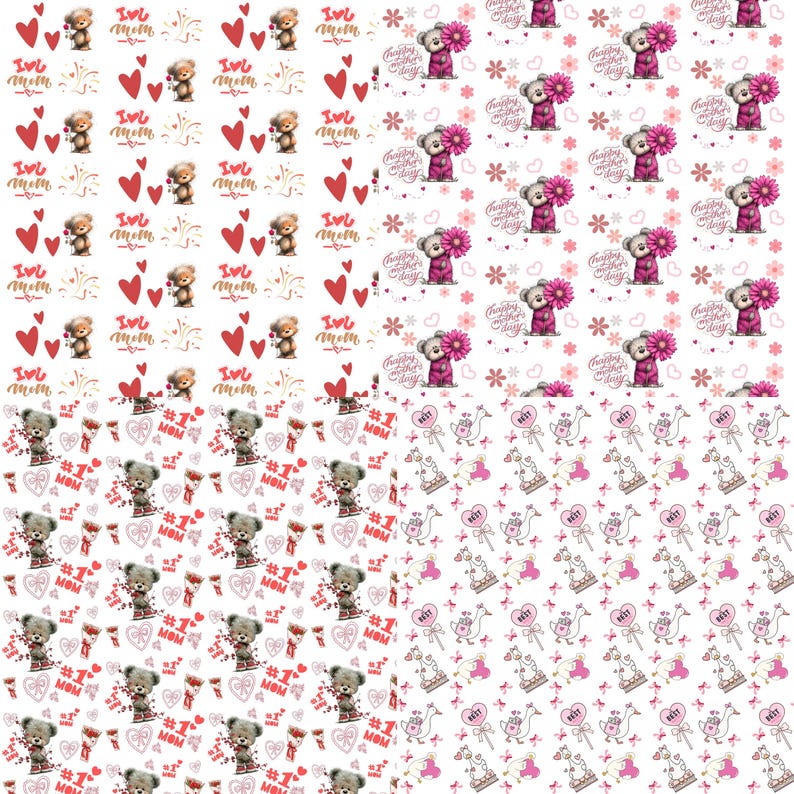 Peut inclure: Plusieurs motifs r&eacute;p&eacute;t&eacute;s avec des ours en peluche, des c&oelig;urs et des motifs floraux. Certains motifs incluent les phrases &laquo;&nbsp;I love mom&nbsp;&raquo;, &laquo;&nbsp;Happy Mother's Day&nbsp;&raquo; et &laquo;&nbsp;#1 Mom&nbsp;&raquo;. La palette de couleurs comprend le rouge, le rose et le blanc.