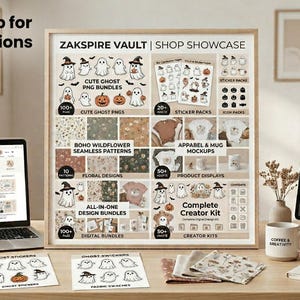 Peut inclure: Pr&eacute;sentation d'une boutique d'art num&eacute;rique avec un ordinateur portable, une tablette et une affiche. L'affiche pr&eacute;sente des "Cute Ghost PNG Bundles", des "Boho Wildflower Seamless Patterns" et des "All-in-One Design Bundles". Une tasse &agrave; caf&eacute; est &eacute;galement visible.
