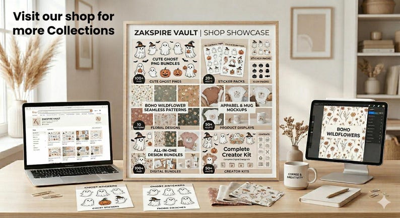 Peut inclure: Pr&eacute;sentation d'une boutique d'art num&eacute;rique avec un ordinateur portable, une tablette et une affiche. L'affiche pr&eacute;sente des "Cute Ghost PNG Bundles", des "Boho Wildflower Seamless Patterns" et des "All-in-One Design Bundles". Une tasse &agrave; caf&eacute; est &eacute;galement visible.