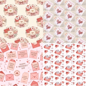 Peut inclure: Plusieurs motifs avec des enveloppes, des cartes et des &eacute;tiquettes roses et rouges orn&eacute;es de c&oelig;urs et de n&oelig;uds. Le texte comprend "I Love Mom", "Happy Mother's Day" et "Moms Are Like Buttons". Th&egrave;me de la f&ecirc;te des m&egrave;res.