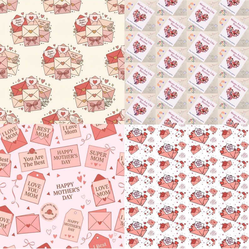 Peut inclure: Plusieurs motifs avec des enveloppes, des cartes et des &eacute;tiquettes roses et rouges orn&eacute;es de c&oelig;urs et de n&oelig;uds. Le texte comprend "I Love Mom", "Happy Mother's Day" et "Moms Are Like Buttons". Th&egrave;me de la f&ecirc;te des m&egrave;res.
