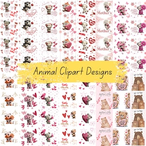 Peut inclure: Plusieurs motifs de cliparts d'animaux avec des ours, des chiots et des c&oelig;urs. Les motifs incluent du texte disant "Mother's Day" et "I love you Mom". La palette de couleurs comprend du rose, du rouge et du marron.