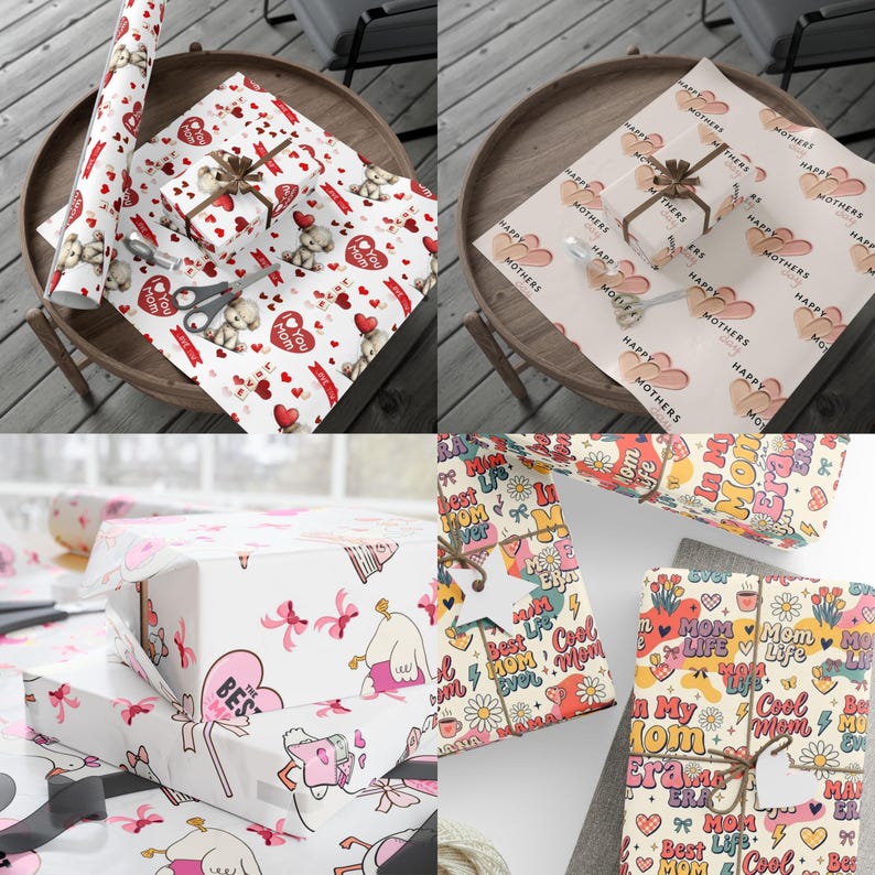 Peut inclure: Assortiment de rouleaux de papier cadeau et de cadeaux emball&eacute;s. Les motifs comprennent des ours en peluche, des c&oelig;urs et le texte "You Mom", "Happy Mothers" et "Best Mom Ever". Couleurs : rouge, rose et beige.