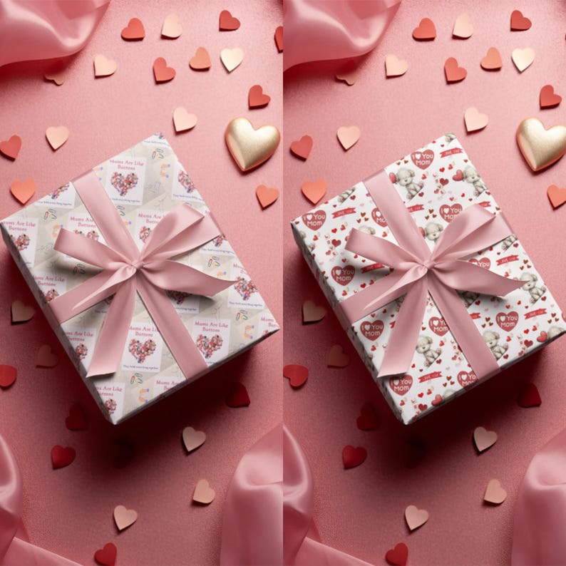 Peut inclure: Deux cadeaux emball&eacute;s avec des n&oelig;uds roses, sur un fond rose parsem&eacute; de confettis en forme de c&oelig;ur et d'ornements en forme de c&oelig;ur dor&eacute;s. Un cadeau est envelopp&eacute; dans du papier avec des motifs floraux et textuels, l'autre avec des ours en peluche et des c&oelig;urs.