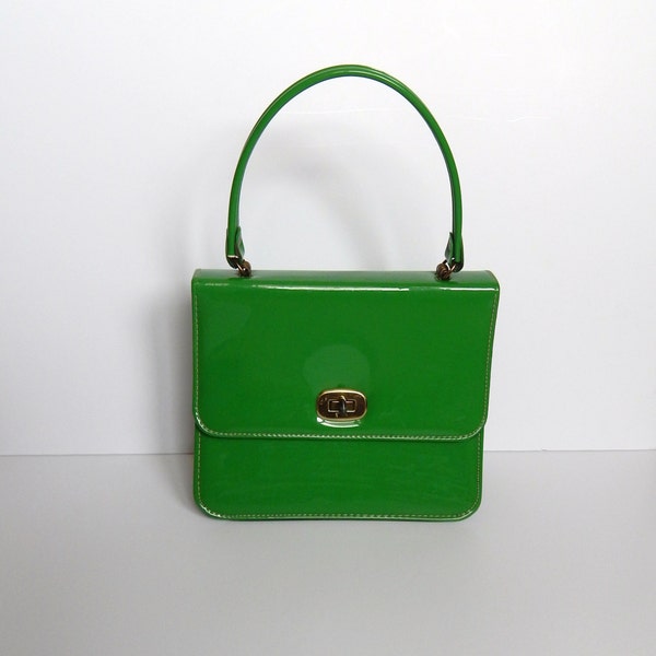 Vintage Kelly Bag - Kelly Green Purse - Faux Patent Leather Purse - Boxy Spring Handbag