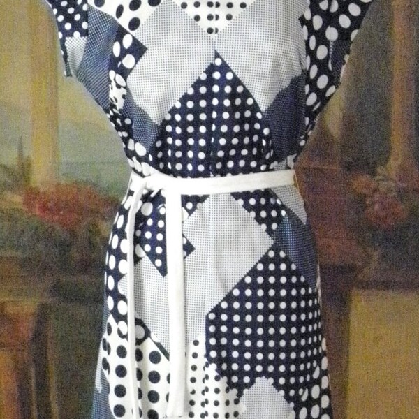 Vintage Mad Men Dress, Navy and White Day Dress, Cowl Neck and Cap Sleeves
