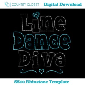 Peut inclure: Graphique numérique noir avec les mots "Line Dance Diva" dans un design de strass. Le texte est composé de strass argentés et turquoise. Les mots sont centrés sur le fond noir.