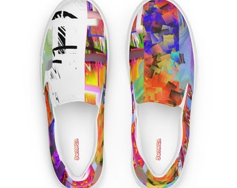 Women’s slip-on canvas shoes, colorful shoes, abstract print colorful sneakers,  no tie shoes, funky casual friday shoes, teacher shoes