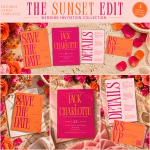 May include: A collection of editable wedding invitation templates titled The Sunset Edit, featuring Save the Date, wedding invitation, details, and RSVP cards in vibrant orange and hot pink with bold typography on a textured background.