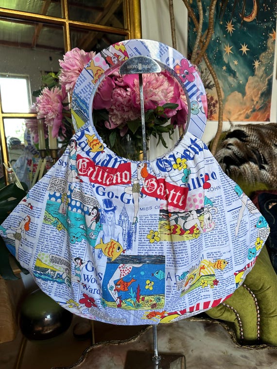 Vintage John Galliano Newspaper Print Beach Bag, Y2K Pop Art Tote 