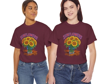 Sunflowers Vase illustration T-Shirt | Retro floral graphic tee