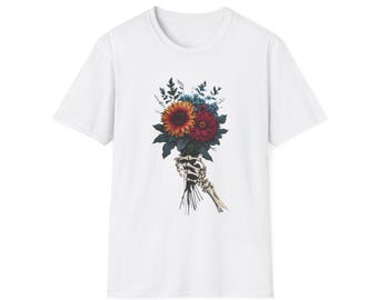 Sunflower & Dahlia Bouquet Skull Skeleton Hand T-Shirt | Floral Gothic Tee