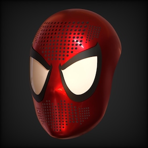 May include: A red, metallic mask with a design reminiscent of a superhero. The mask features large white eye openings outlined in black, and a perforated pattern on the forehead and mouth area.
