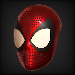 May include: A glossy red full-face mask featuring large, almond-shaped white eye lenses outlined in black. The forehead and chin areas are covered in a uniform pattern of small, circular perforations, creating a textured appearance across the surface.