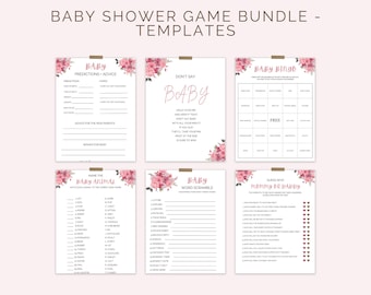 Pink Floral Baby Shower Games Bundle | Editable Minimalist Printable Baby Shower Activities for Girl | Instant Download Game Pack