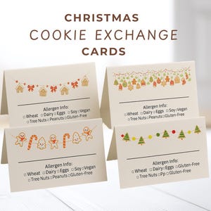 May include: Four cream-coloured Christmas cookie exchange cards with festive illustrations of gingerbread houses, ornaments, and candy canes. Each card includes allergen information. The text "CHRISTMAS COOKIE EXCHANGE CARDS" is at the top.