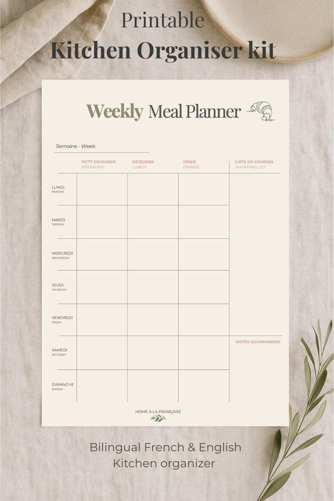 Weekly French Menu French Kitchen Planner Kit: Weekly Meal Planner & Recipe Cards (digital ...
