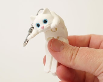 White Cat Keychain Toy, Articulated Animal, Cute Fidget Charm, Flexible Desk Figure