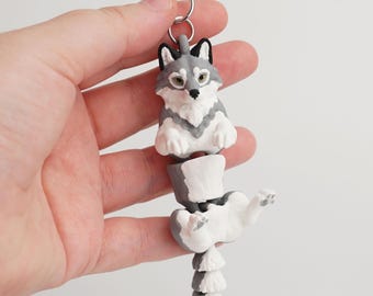 Cute Hanging Wolf Keychain, Articulated Flexi Animal, Puppy Pose Fidget Charm