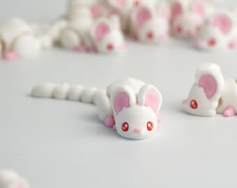 Rato branco de brinquedo articulado, animal flexível impresso em 3D, figura fofa para aliviar o estresse na mesa.
