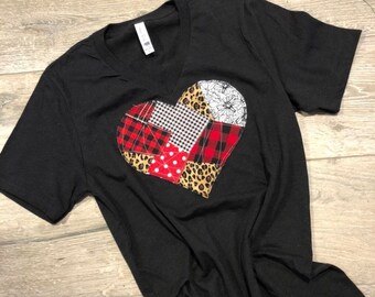 Bella+Canvas  V-Neck Shirt with Patchwork Heart by Two Girls Who Make Crosses