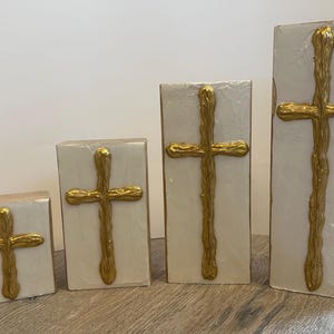 Gold Cross Hand Painted Textured Art Block by Two Girls Who Make Crosses